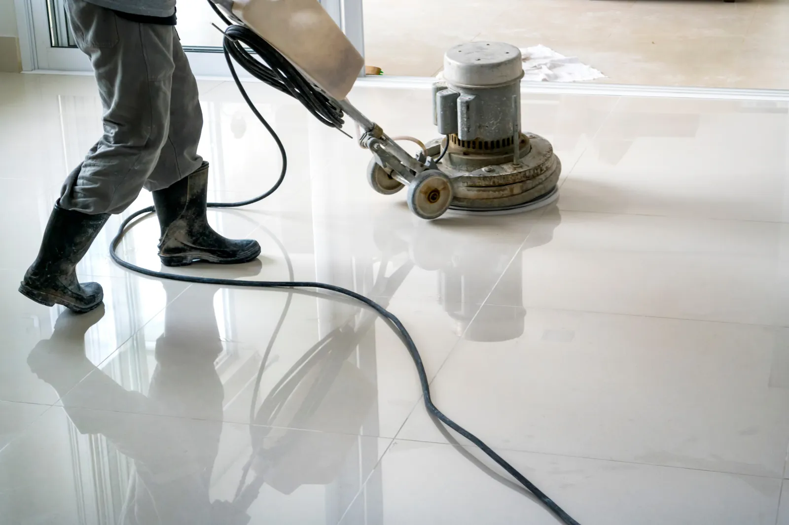 Worker polishing a glossy tile floor with a floor machine