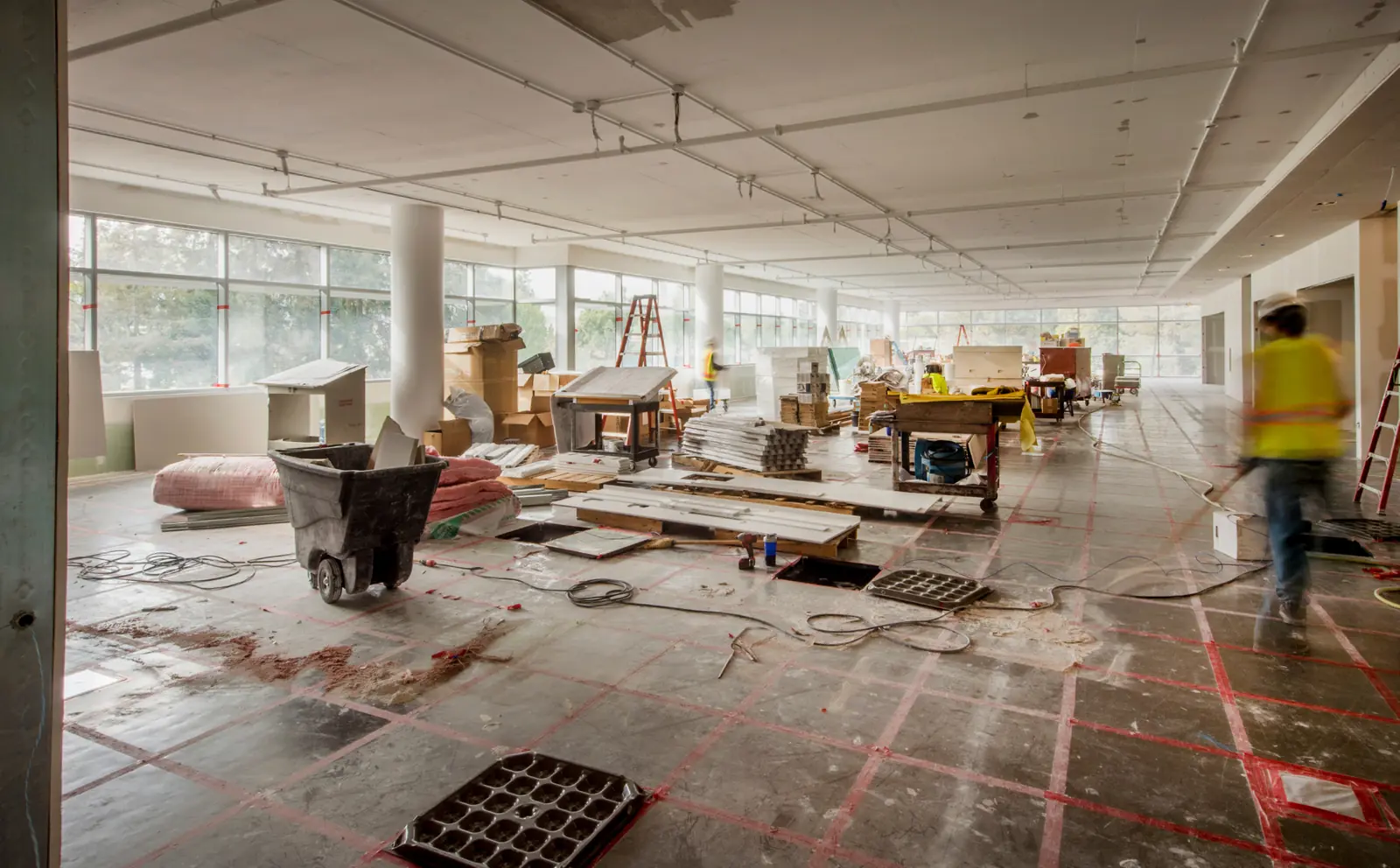 Commercial interior during post-construction cleanup