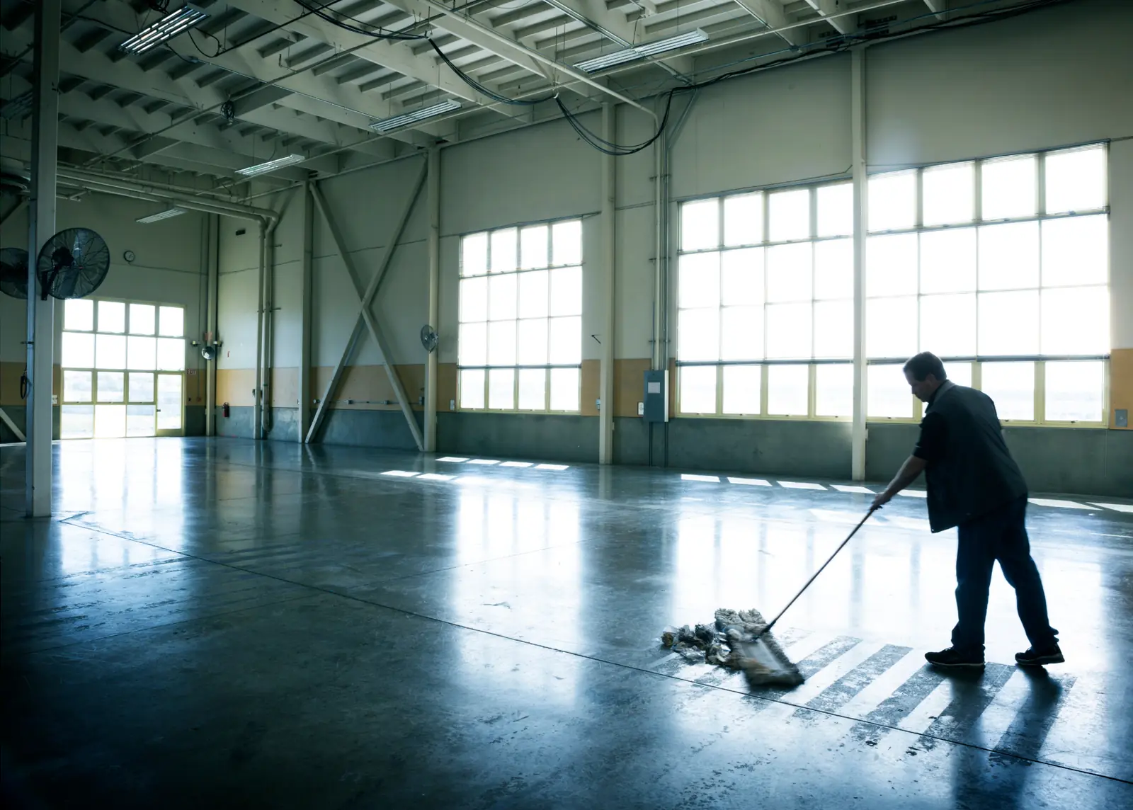 Worker mopping the floor of a large empty warehouse